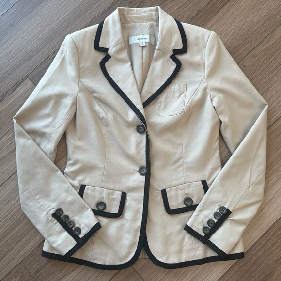 Vintage Jackets & Blazers - Khaki Tan & Black Piping Preppy Blazer Jacket